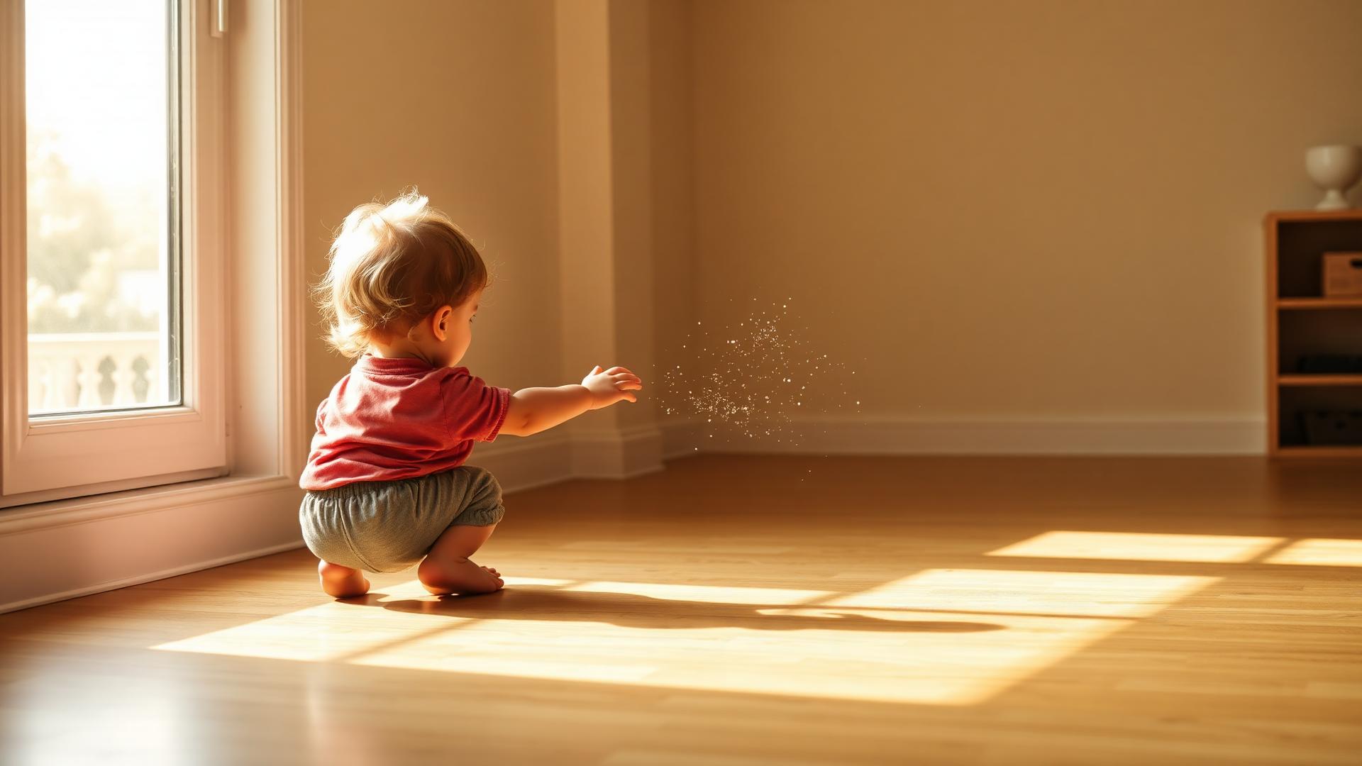 Un niño pequeño descubriendo la luz que entra por la ventana de un aula de Nest!
