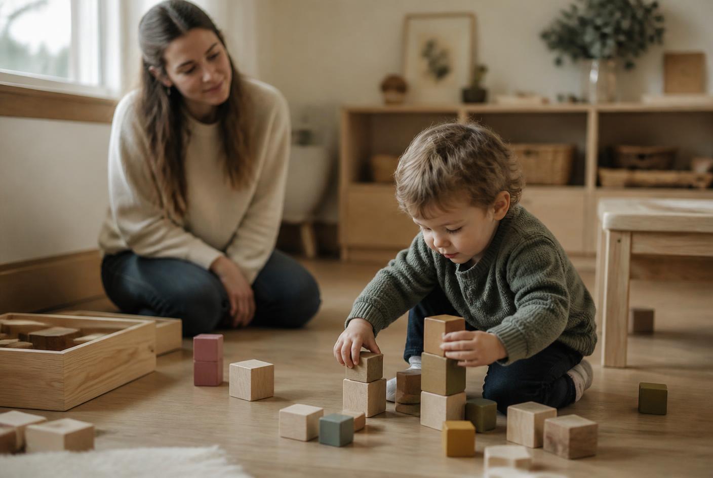 Educadora conversando a la altura de un niño pequeño
