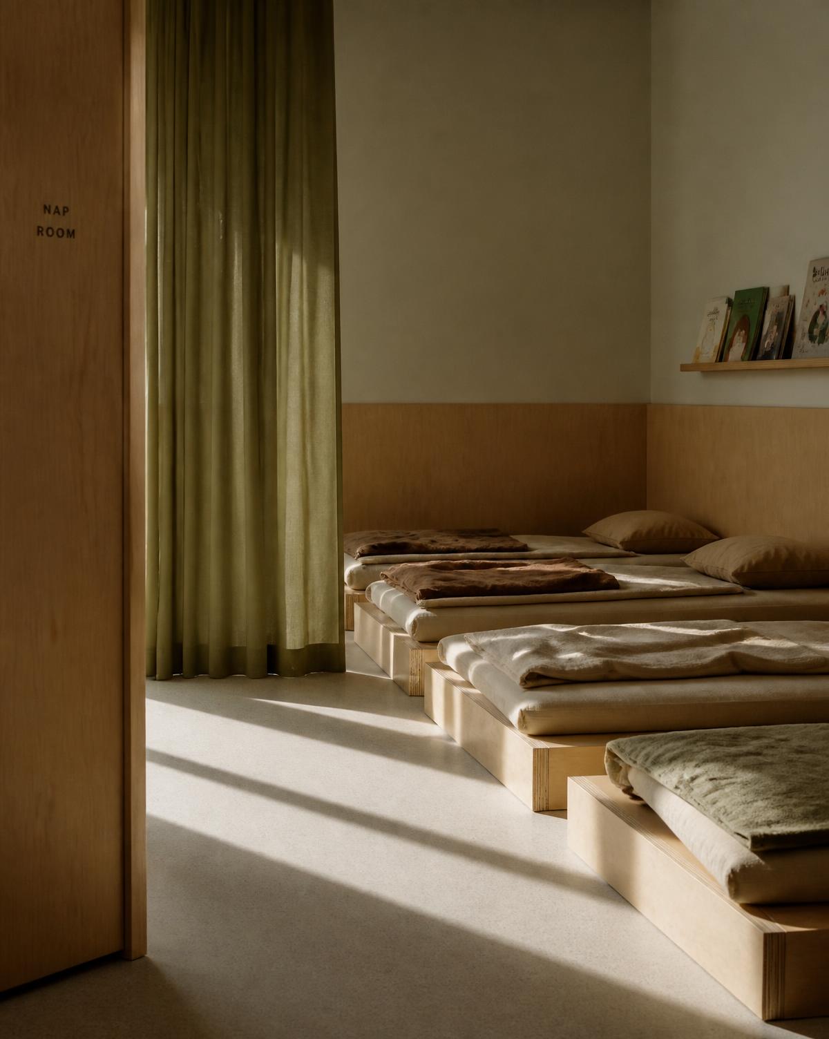 Sala de descanso de una escuela Nest!, con luz suave y textiles naturales