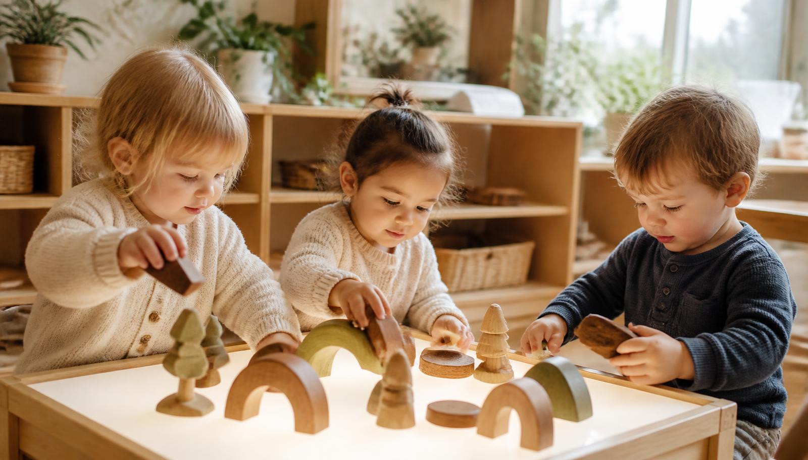 Tres niños pequeños jugando con piezas de madera en un aula cálida de Nest!